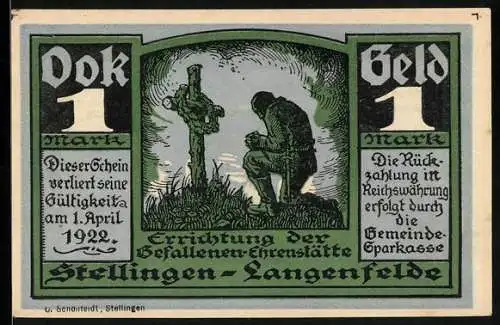 Notgeld Stellingen-Langenfelde, 1 Mark, Mann an einem Grab, Denkmal