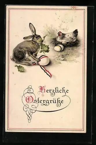 Künstler-AK Osterhase frisst Löwenzahn mit Osterei in den Farben vom Deutschen Reich