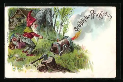 Lithographie Zwerg zündet Kanone an, Zwerg kippt um, Fröhliche Pfingsten