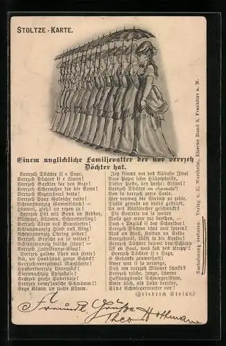 AK 14 junge Frauen, Gedicht Einem unglickliche Familievatter der nor verrzeh Töchter hat von Friedrich Stoltze