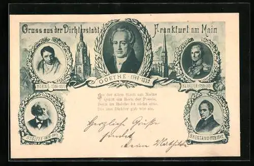 AK Frankfurt a. M., Portraits der Dichter Goethe, Börne, Klinger