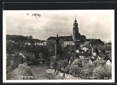 AK B. Krumau, Ortsansicht mit Glockenturm