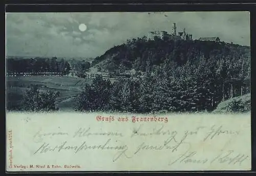 Mondschein-AK Frauenberg, Ortsansicht mit Blick auf das Schloss