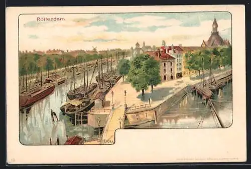 Künstler-Lithographie Richard Hegedüs-Geiger: Rotterdam, Stadtansicht mit Kanal