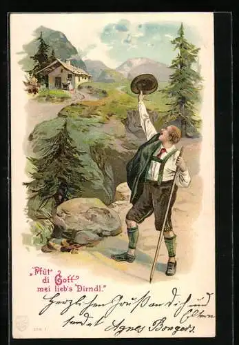 Lithographie Wanderer nimmt Abschied von seinem Dirndl