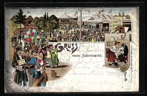 Lithographie Jahrmarkt mit Ansichtskarten-Verkäufer