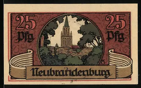 Notgeld Neubrandenburg 1921, 25 Pfennig, Kirche mit Mauer