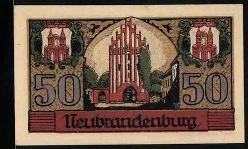 Notgeld Neubrandenburg 1921, 50 Pfennig, Tor und Wappen