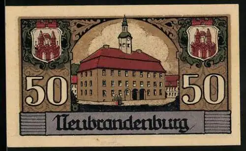 Notgeld Neubrandenburg 1921, 50 Pfennig, Rathaus und Wappen