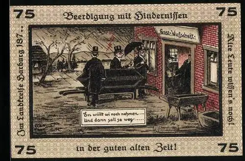 Notgeld Neugraben-Hausbruch 1921, 75 Pfennig, Drei Herren mit Sarg vor dem Gasthaus