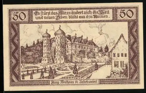 Notgeld Neuhaus a. Elbe 1921, 50 Pfennig, Burg Neuhaus im 14. Jahrhundert