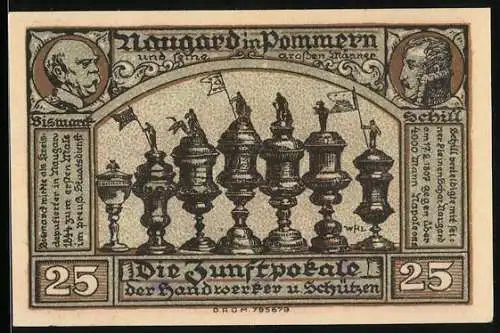 Notgeld Naugard in Pommern 1922, 25 Pfennig, Die Zunftpokale der Handwerker und Schützen, Bismarck, Schill
