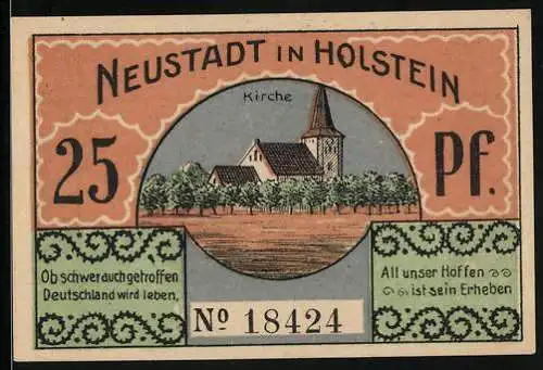 Notgeld Neustadt in Holstein, 25 Pfennig, Blick zur Kirche