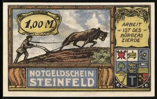 Notgeld Steinfeld 1920, 1 Mark, Bauer mit Pflug und Adler mit Fahne