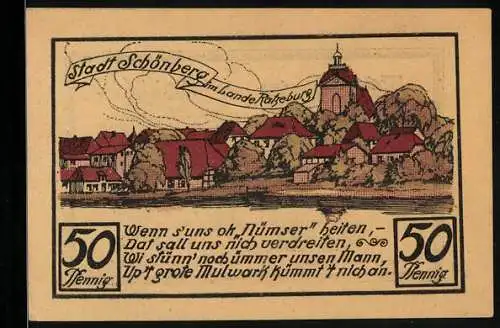 Notgeld Schönberg /Ratzeburg 1923, 50 Pfennig, Ortsansicht mit Kirchturm