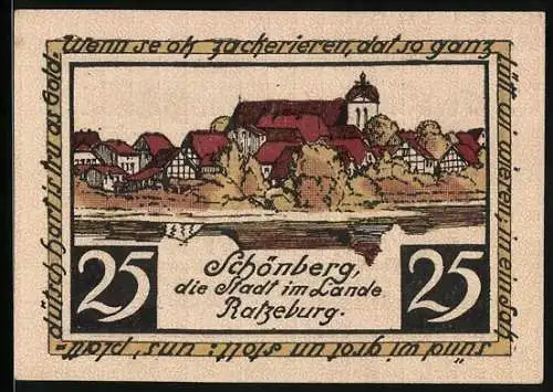 Notgeld Schönberg /Ratzeburg 1923, 50 Pfennig, Ortsansicht mit Flusspartie