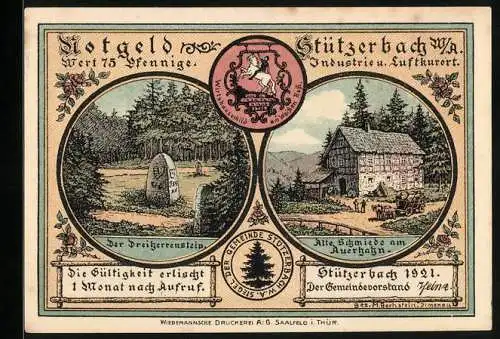 Notgeld Stützerbach W. A. 1921, 75 Pfennig, Runkelrüben-Vogel-Compagnie, Dreiherrenstein, Alte Schmiede