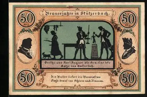 Notgeld Stützerbach W. A. 1921, 50 Pfennig, Goethe und Karl August, Dreiherrenstein, Alte Schmiede