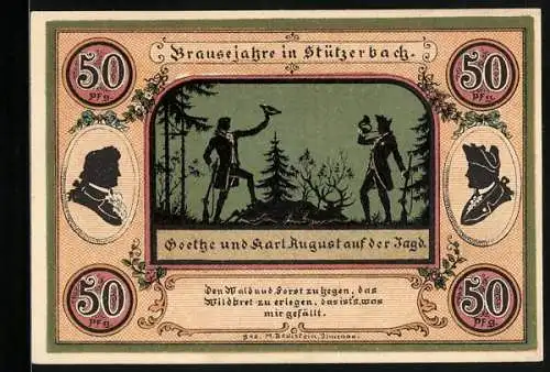 Notgeld Stützerbach W. A. 1921, 50 Pfennig, Goethe und Karl August, Dreiherrenstein, Alte Schmiede