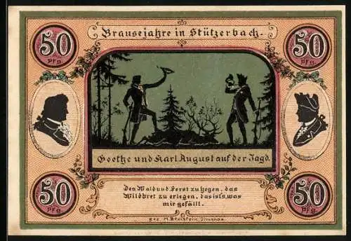 Notgeld Stützerbach W. A. 1921, 50 Pfennig, Goethe und Karl August auf Jagd, Jagdschloss und Goethezimmer