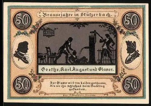 Notgeld Stützerbach W. A. 1921, 50 Pfennig, Goethe und Karl August, Alte Schmiede zum Auerhahn