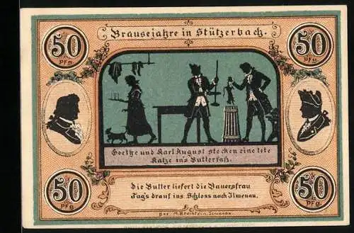 Notgeld Stützerbach W. A. 1921, 50 Pfennig, Goethe und Karl August, Alte Schmiede zum Auerhahn