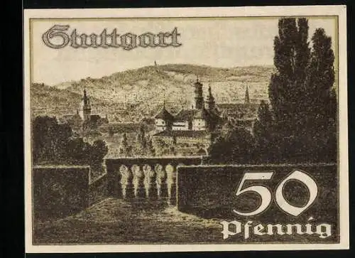 Notgeld Stuttgart 1921, 50 Pfennig, Wappen und Stadtansicht