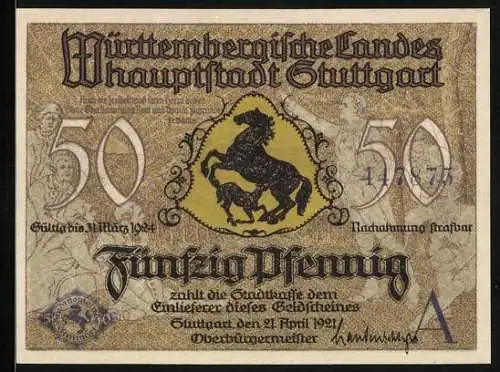 Notgeld Stuttgart 1921, 50 Pfennig, Stadtansicht und Wappen