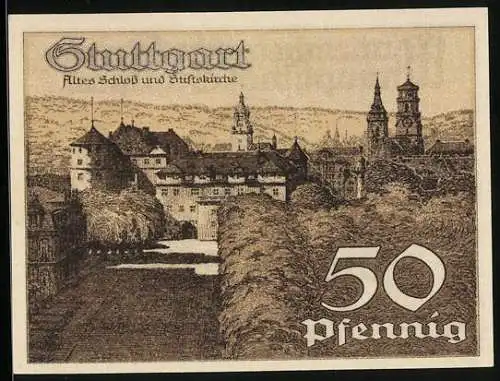 Notgeld Stuttgart 1921, 50 Pfennig, Altes Schloss und Stiftskirche, Wappen