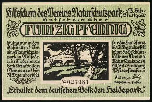 Notgeld Wilsede 1921, 50 Pfennig, Naturpark und Wildschütz