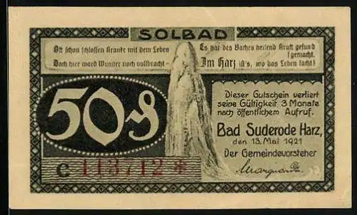 Notgeld Bad Suderode /Harz 1921, 50 Pfennig, Saalstein und Calcium-Trinkkuren