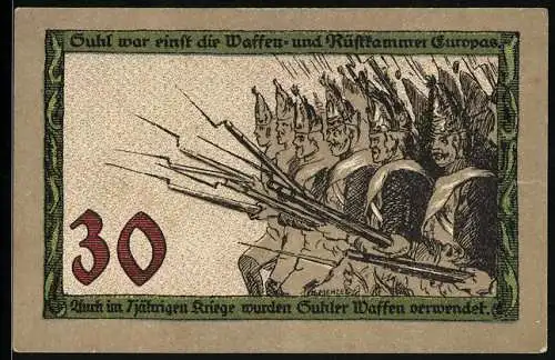 Notgeld Suhl, 30 Pfennig, Denkmal und Waffen des 7jährigen Krieges