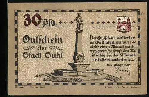 Notgeld Suhl, 30 Pfennig, Denkmal und Suhler Waffen im 7jährigen Krieg