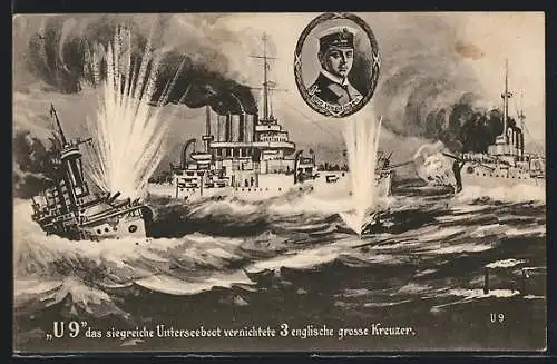 AK U-Boot U 9 vernichtet 3 englische grosse Kreuzer