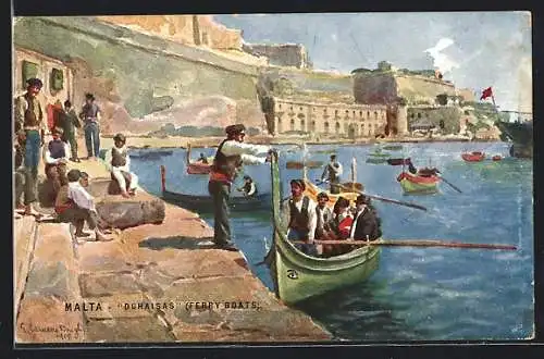 Künstler-AK Malta, Ferry Boats Dghaisas