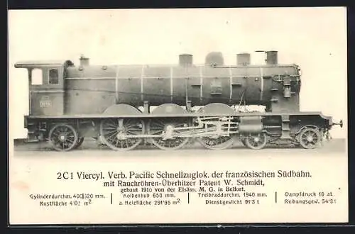 AK 2C1 Viercyl. Verb. Pacific Schnellzuglok. der französ. Südbahn mit Rauchröhren-Überhitzer Patent W. Schmidt