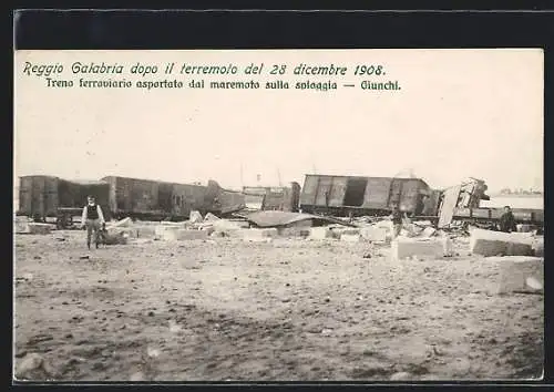 AK Treno ferrovario asportato dal maremoto sulla spiaggia, Terremoto 1908