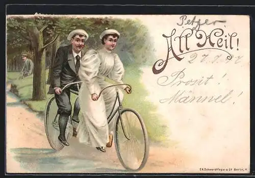 Lithographie All Heil!, Pärchen auf Tandem-Fahrrad