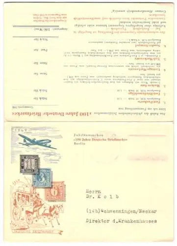 Klapp-AK Berlin, Die Jubiläumsschau 100 Jahre Deutsche Briefmarke, Postkutsche und Postflugzeug