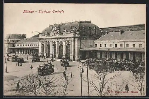 AK Milano, Stazione Centrale, Bahnhof mit Strassenbahn