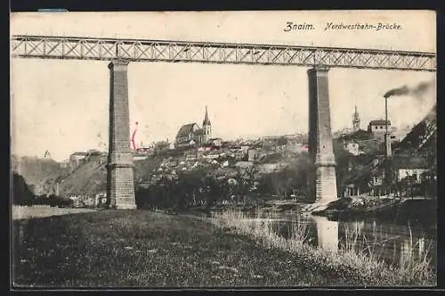 AK Znaim, Nordwestbahn-Brücke mit Fluss vor der Stadt