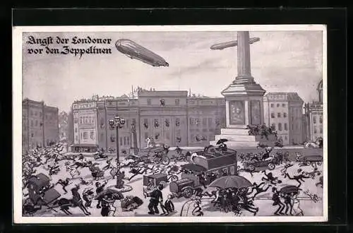 Künstler-AK Angst der Londoner vor den Zeppelinen, Zeppelin über der Stadt, Leute laufen erschrocken davon