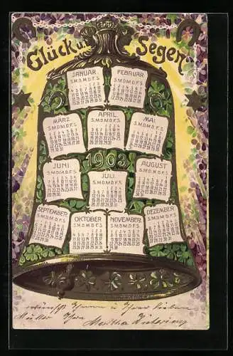 AK Kalender für das Jahr 1903, Glocke, Hufeisen, Kleeblätter