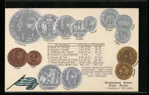 AK Griechenland, Münz-Geld, Währungstabelle, Nationalflagge