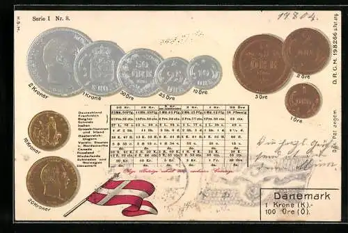 Lithographie Dänemark, Münzenkarte, Münzen und Nationalflagge