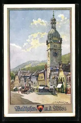 Künstler-AK E.F. Hofecker: Waidhofen a. d. Ybbs, Markt mit Kirche, Deutscher Schulverein