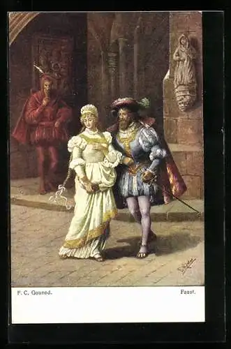 AK Szene aus Goethes Faust, Faust redet mit Gretchen, Mephisto lauert Faust und Gretchen auf