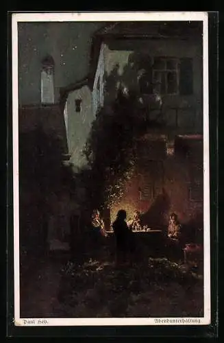 Künstler-AK Paul Hey: Abend-Unterhaltung, Herren und Frau am Tisch, Stempel der Marinekameradschaft von 1895