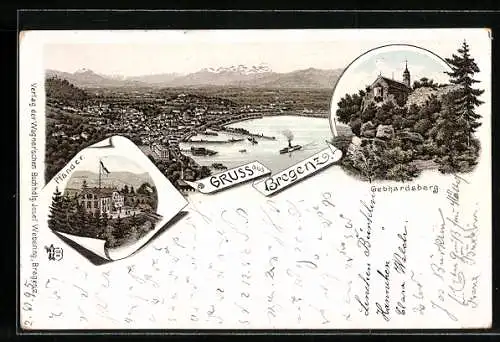 Vorläufer-Lithographie Bregenz, 1895, Panorama, Gebhardsberg, Pfänder