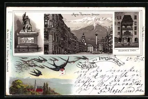 Vorläufer-Lithographie Innsbruck, 1895, Maria-Theresien-Strasse, Goldenes Dach, Schwalben bringen Briefe